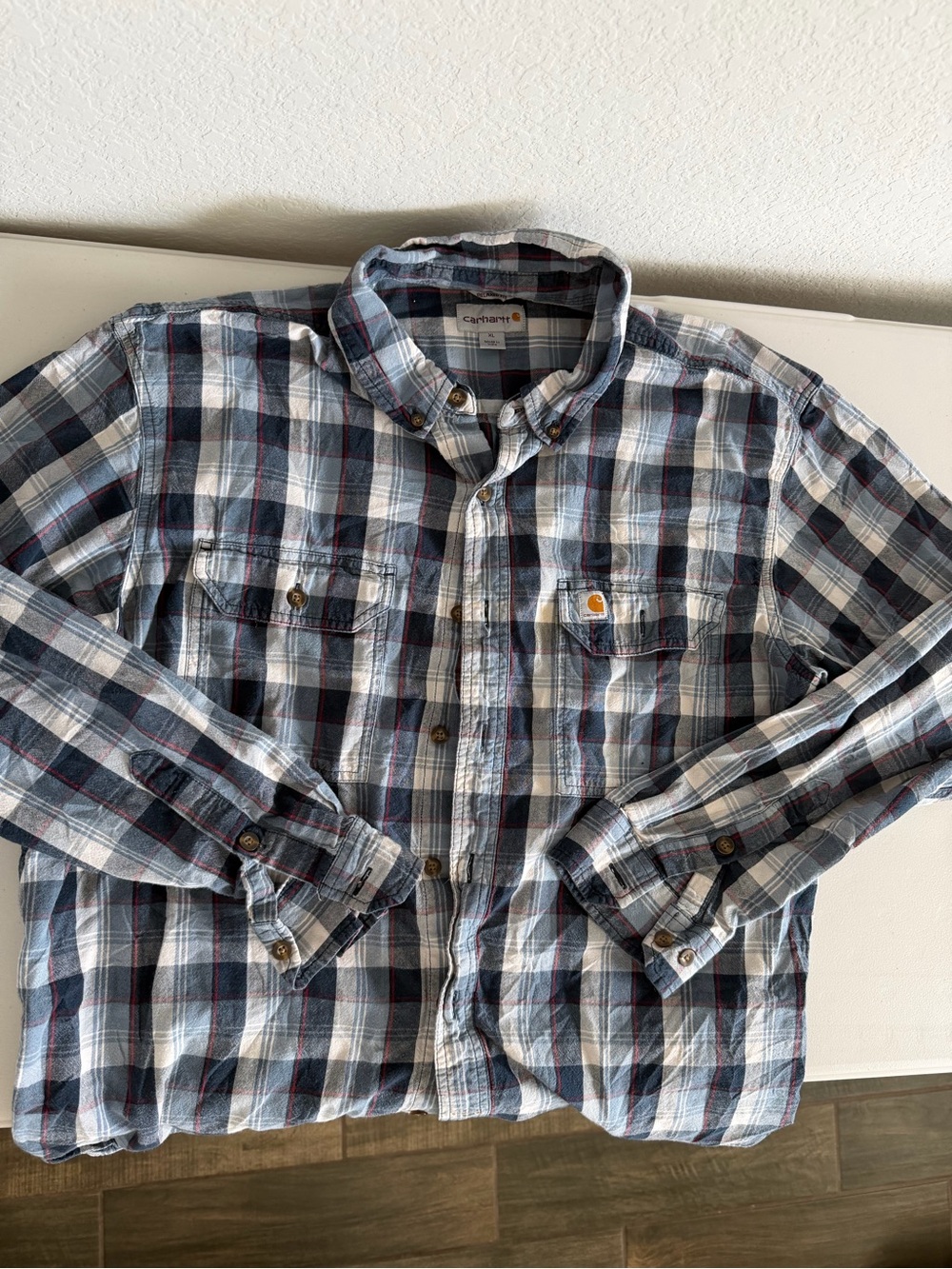 Carhartt Men’s Blue Plaid Button-Down Shirt. Stain shown in picture.